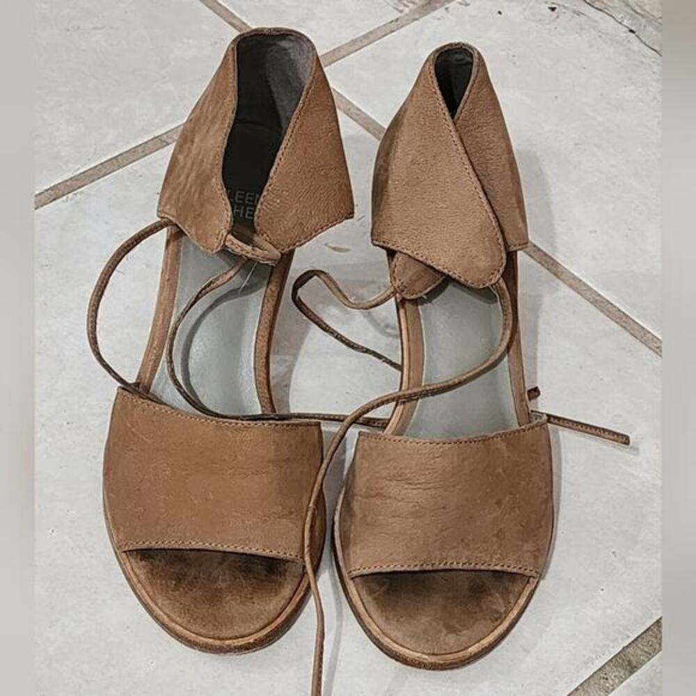 Eileen Fisher tan suede‎ block heel gladiator tied ankle sandals size 6